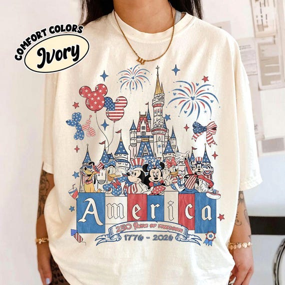 Retro Mickey and Friends Patriotic Disney 4th of July Boxy T-Shirt, WDW Disney Family 250th Anniversary America, Red White and Blue USA Tee