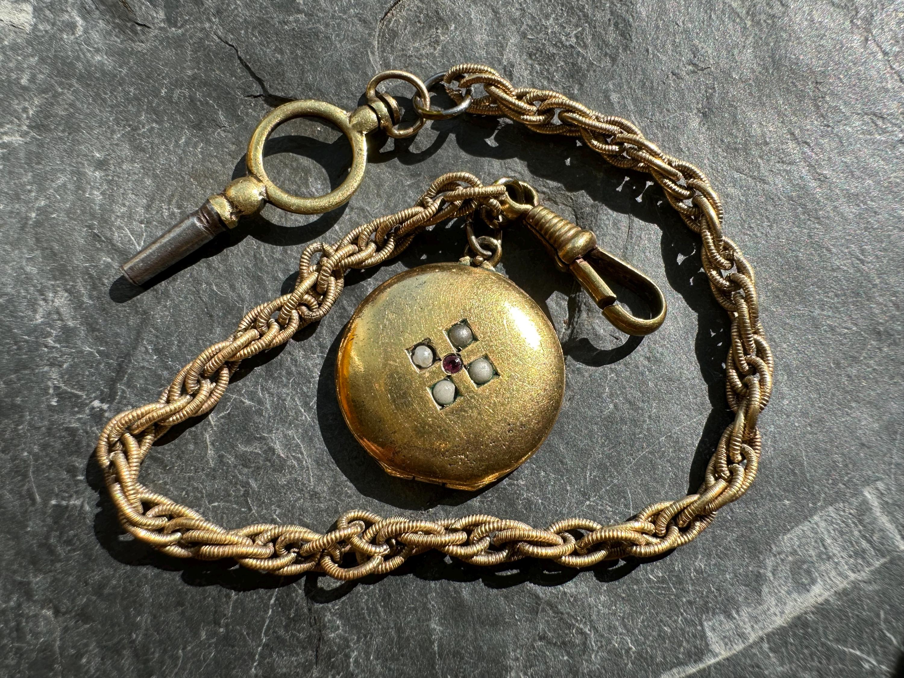 Ancienne Chaîne De Montre En Or Avec Clé Et Médaillon Photo - Pendentif Vintage