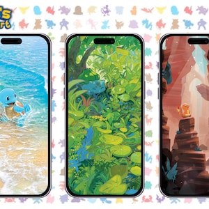 May include: Three smartphones displaying colorful illustrations. One shows a blue turtle-like creature on a beach, another features a green forest scene, and the third depicts a red canyon with a small orange creature.