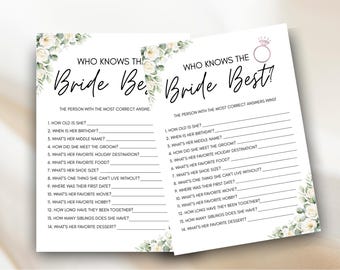 May include: Two white bridal shower game sheets with floral accents. The text reads "Who Knows the Bride Best!" with fill-in-the-blank questions about the bride. A ring graphic is at the top of one sheet.