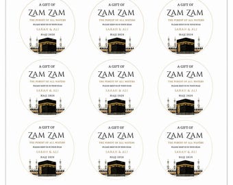 Zam Zam Water Bottle Stickers Round | Umrah, Hajj, Ramadan, Eid & Wedding Nikkah Favours | Islamic Bottle Labels