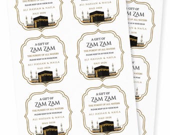 Zam Zam Water Bottle Stickers | Umrah, Hajj, Ramadan, Eid & Wedding Nikkah Favours | Islamic Bottle Labels