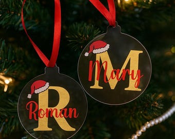Personalised Christmas Bauble Acrylic - Custom Name Ornament with Gold Initial & Santa Hat Christmas Tree Decoration