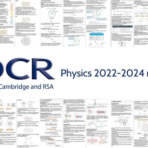 Könnte beinhalten: OCR Physik Notizen 2022-2024, ein Satz von blauen und weißen Seiten mit Text und Diagrammen. Das OCR-Logo befindet sich in der Mitte des Bildes, darunter der Text "Oxford Cambridge and RSA".