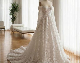 Elegant Off Shoulder Lace Wedding Dress, A-Line Bridal Gown with Long Lace Sleeves, Timeless Romantic Wedding Dress