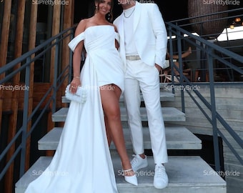 Short wedding dress for bride. Mini dress for reception off shoulder. Custom short wedding dress for bride.