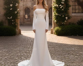 Beautiful white crepe wedding dress. Minimalist mermaid wedding dress. Custom wedding dress for the bride. Mermaid, long sleeves wedding