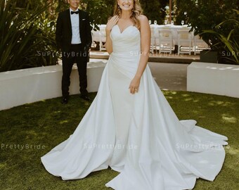 Unique pleated satin mermaid wedding dress. Convenient 2 in 1 wedding dress. Custom wedding dress for bride with detachable skirt.