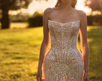 Sparkly Beaded Mini Wedding Dress, Strapless Bridal Mini Dress, Sequin Reception Dress, Bachelorette Bridal Dress, Modern Short Bridal Dress