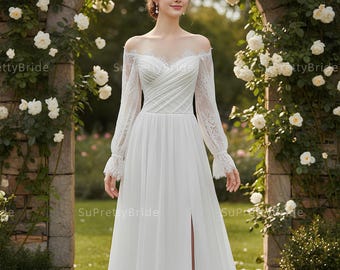 Elegant long sleeves wedding dress. The chiffon wedding dress is white. Custom wedding dress for the bride.