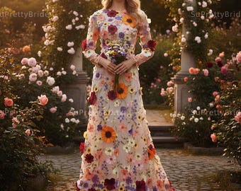 Colorful 3D floral A-line wedding dress. Wedding dress for fairy tale wedding. Romantic wedding dress for brides who love flowers.