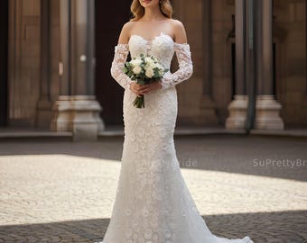Beautiful 3D floral lace mermaid wedding dress. Wedding dress with detachable long sleeves. Custom wedding dress made to measurements.