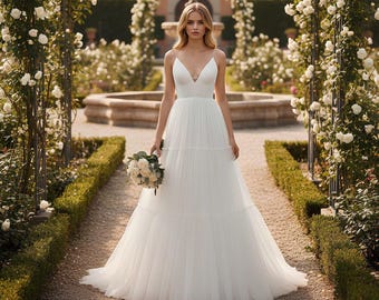 Simple white tulle wedding dress. Elegant straps wedding dress. Tiered A-line wedding dress for bride.