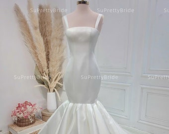 Mikado Satin Ivory Mermaid Wedding Dress. Mermaid wedding dress straps minimalist. Custom wedding dresses at the request of the bride.