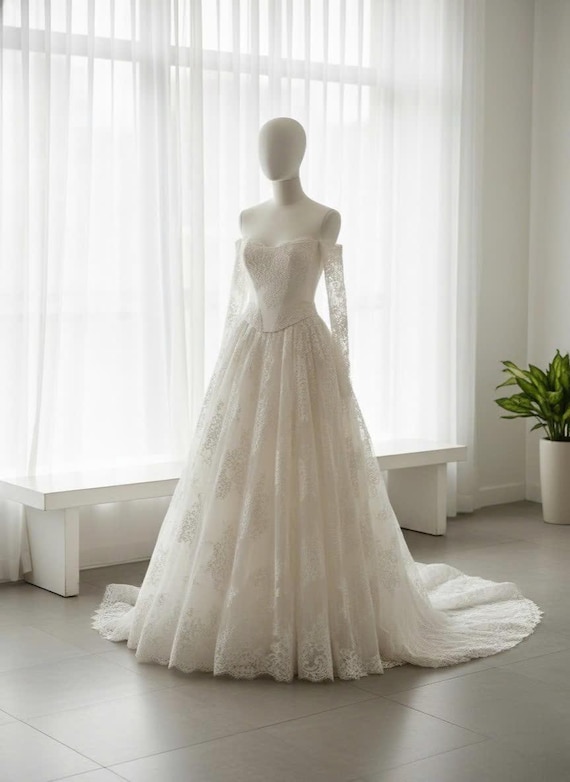 romantic a line wedding dresses Ivory Lace Flower Appliques Dress Diamond White / 16 Adorned with a sweetheart neckline and scalloped lace straps Off Shoulder Lace Wedding Dress,