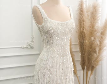 Beaded mini dress with shoulder straps. Elegant party mini dress. Custom bachelorette mini dress. White short wedding dress.