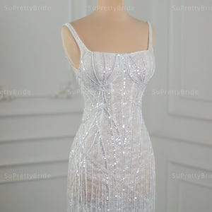 White beaded fringe mini dress, sparkly sequin bridal reception dress, 1920s Gatsby inspired flapper dress, short wedding party dress.