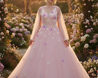 Fairytale wedding dress with colorful flowers. Beautiful pink princess wedding dress. Custom wedding dress for bride.