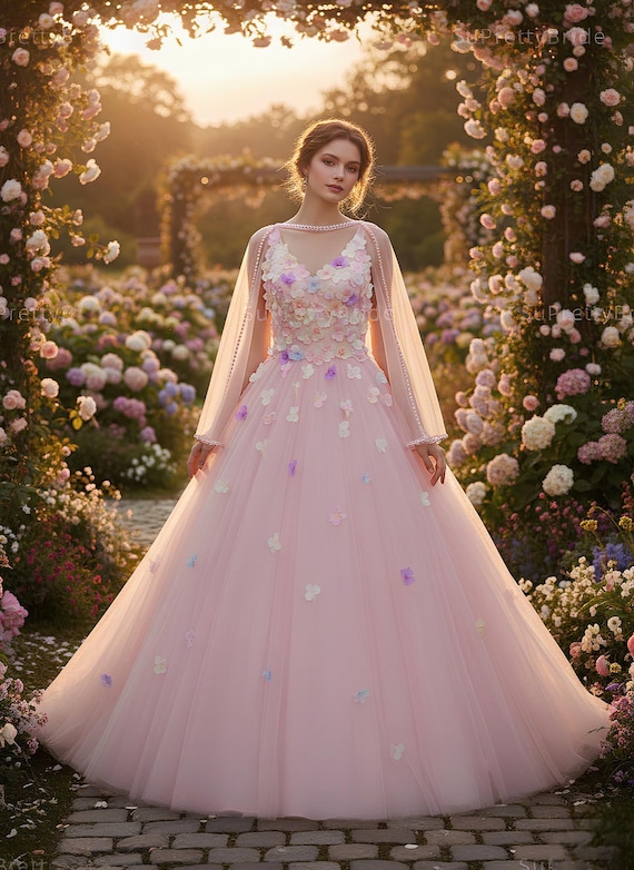 princess flower fairytale flower princess wedding dress Princess Wedding Dress with 3D Flowers and Removable Wings Off-White / EU36