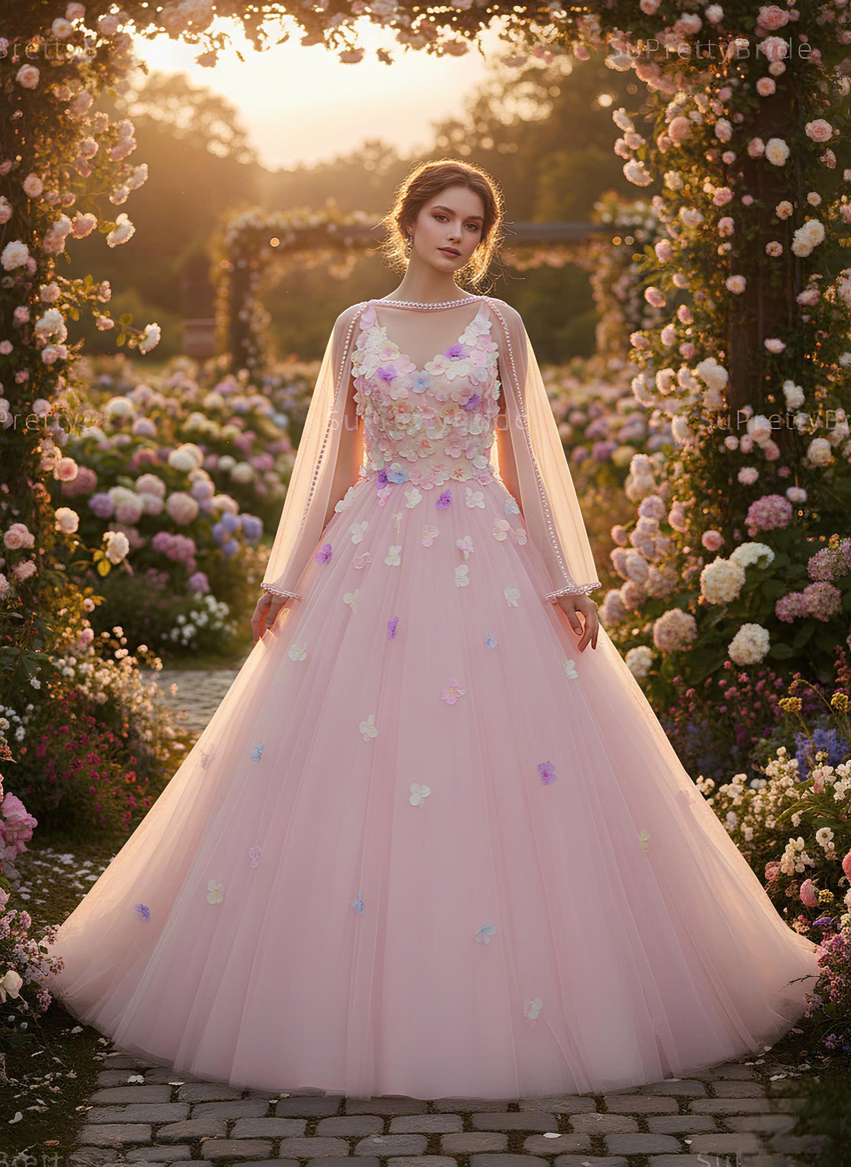 pink fairytale wedding dresses Fairy Pink Tube Top 3D Flower Puff Princess Wedding Dress P2965 PreppyDress