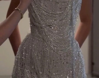 Handmade Silver Beaded Mini Dress, Strapless Crystal Fringe Dress, Luxury Bridal Reception Dress, Custom Wedding After Party Dress