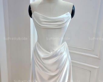 Elegant A-line silk satin wedding dress. Sexy strapless corset wedding dress. Custom wedding dress on request.