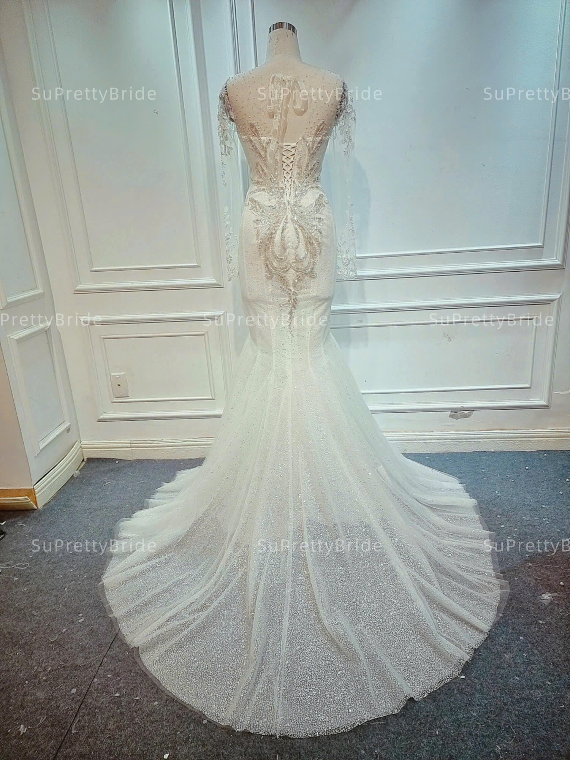 Sexy Wedding Dress Mermaid Sequin Beads Long Silver Wedding Dresses Bride Dress Bridal Gowns DP1865