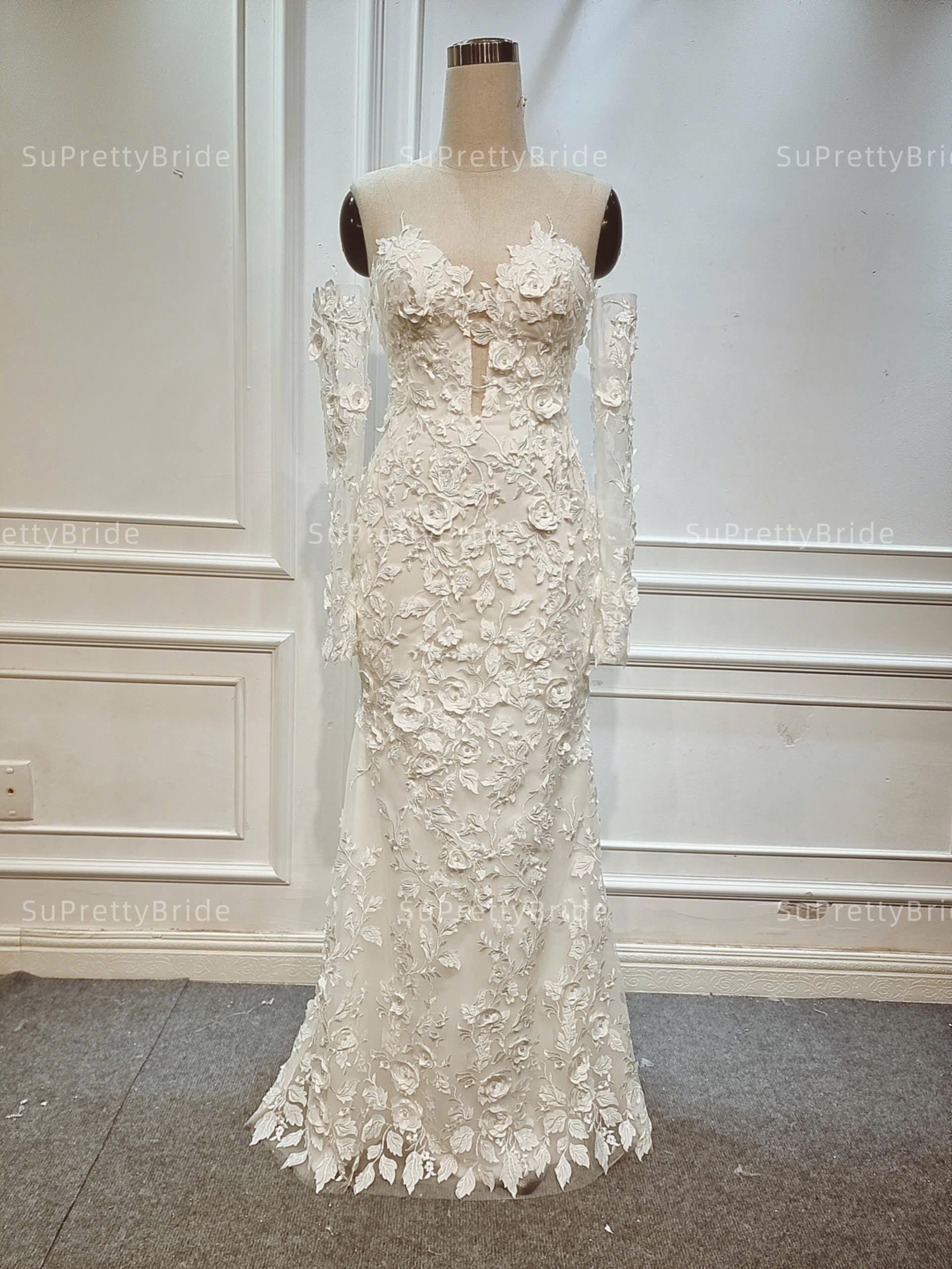 3d floral mermaid wedding dress Gorgeous Mermaid Wedding Dresses Off Shoulder Long Sleeved Lace 3D Flowers Gowns