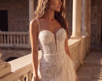 Luxury Pearl Beaded Mini Wedding Dress, Feather Hem Bridal Dress, Sparkly Reception Dress, Custom Bridal Mini Dress, After Party Dress