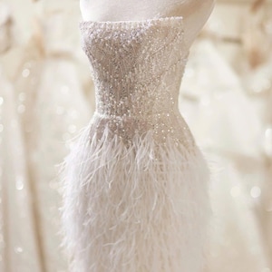 Custom mini dress for bride. Elegant beaded reception dress. Feathered party dress. White dress for birthday party, home party.
