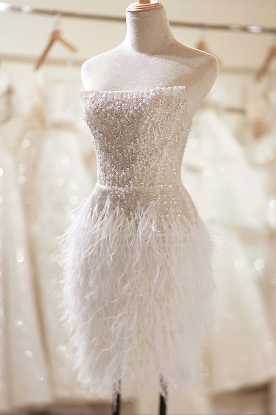 white beaded reception dress Custom Mini Dress for Bride. Elegant Beaded Reception Dress. Feathered  Party Dress. White Dress for Birthday Party, Home Party