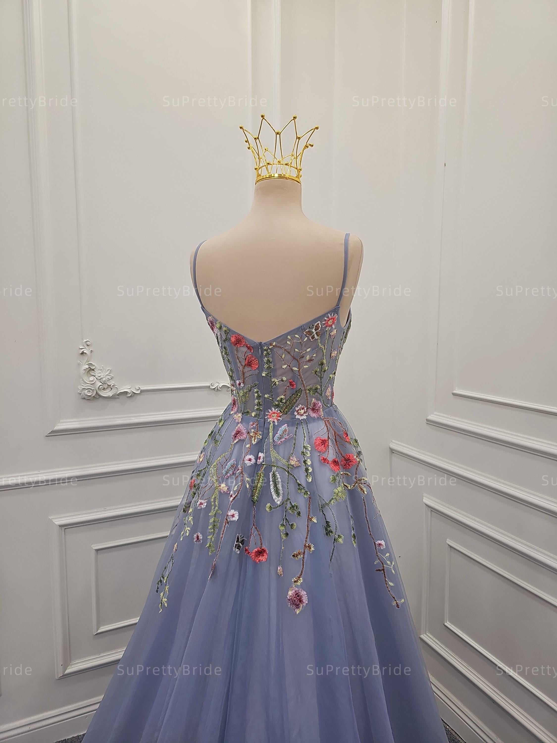 Smoky Lavender Tulle Gown With 3D Floral Embroidery, Custom Fairy Tale ...