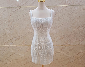 Luxury Handmade Pearl Dress, White Mini Cocktail Dress, Bridal Party Dress, Custom Reception Outfit