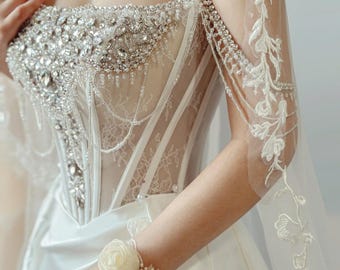 Sexy mermaid wedding dress with slit. Corset wedding dress with detachable skirt. Custom wedding dress for bride.