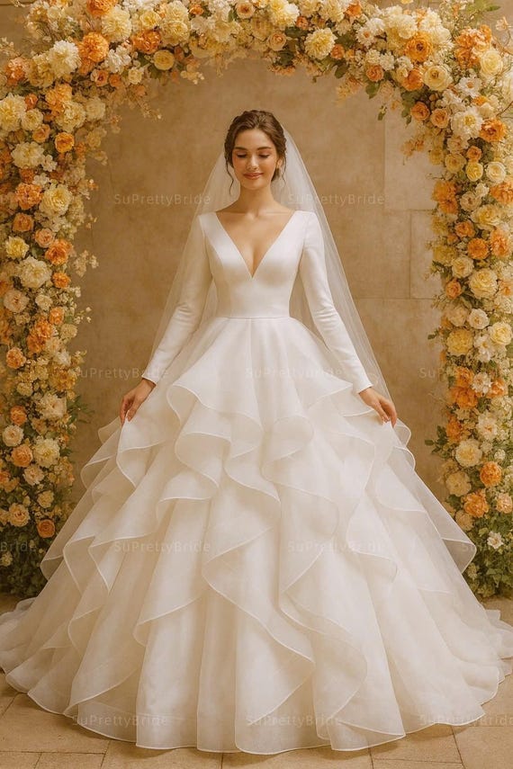 Unique layered flared wedding dress. Elegant long sleeve wedding dress. Custom wedding dress for bride. Organza wedding dress