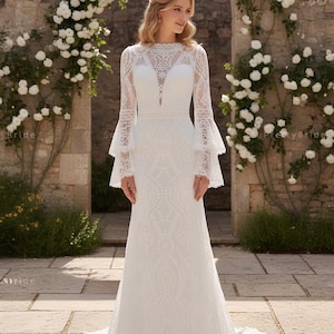 Beautiful bell sleeve boho wedding dress. Soft chantilly lace bohomian wedding dress. Custom wedding dress on request.