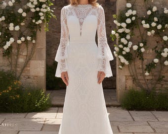 Beautiful bell sleeve boho wedding dress. Soft chantilly lace bohomian wedding dress. Custom wedding dress on request.