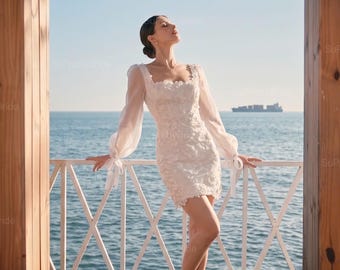Long sleeve mini dress for reception. Elegant lace mini dress. Beautiful square neck mini dress. Custom mini dress for bride.