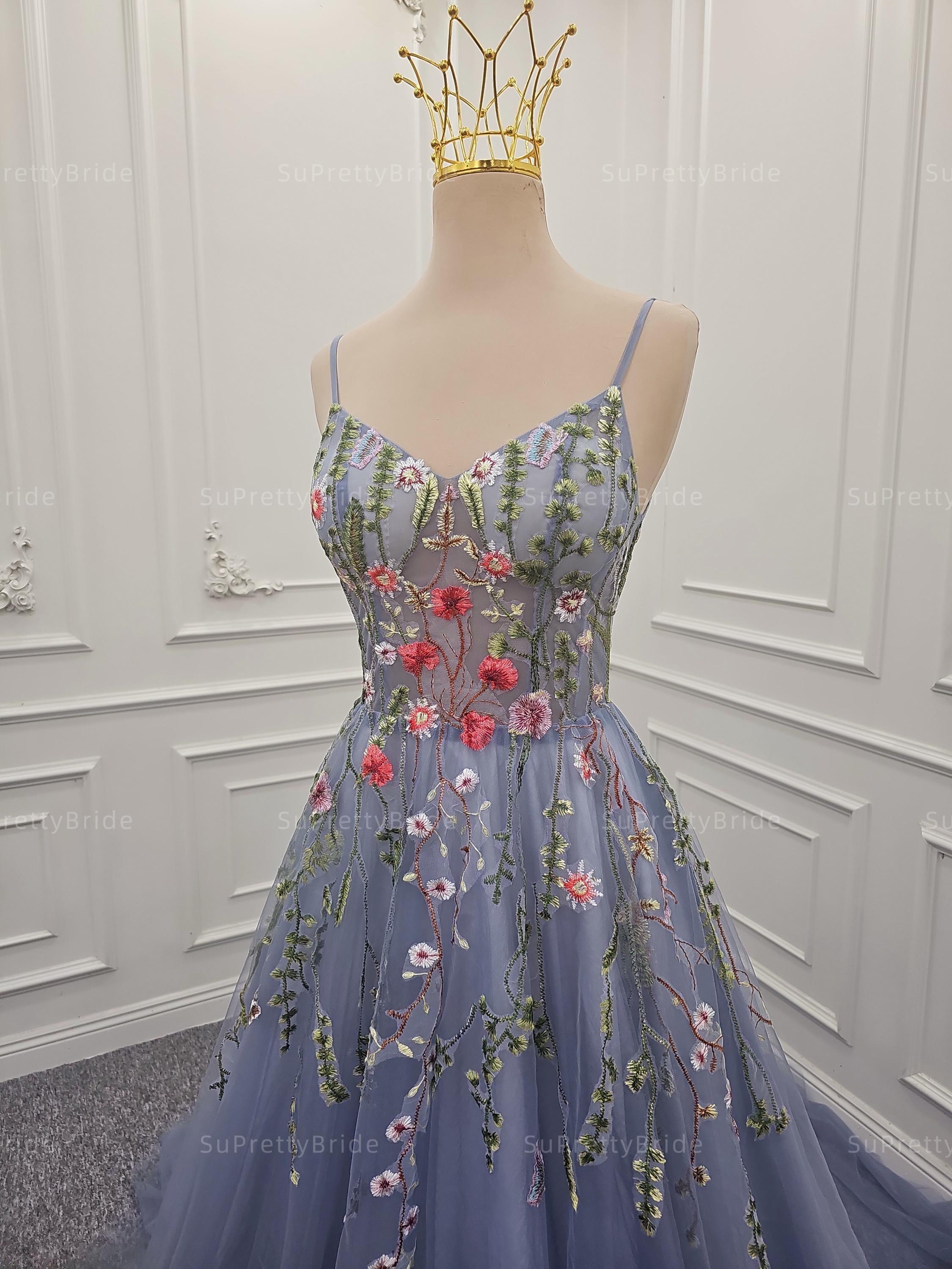 Smoky Lavender Tulle Gown With 3D Floral Embroidery, Custom Fairy Tale ...