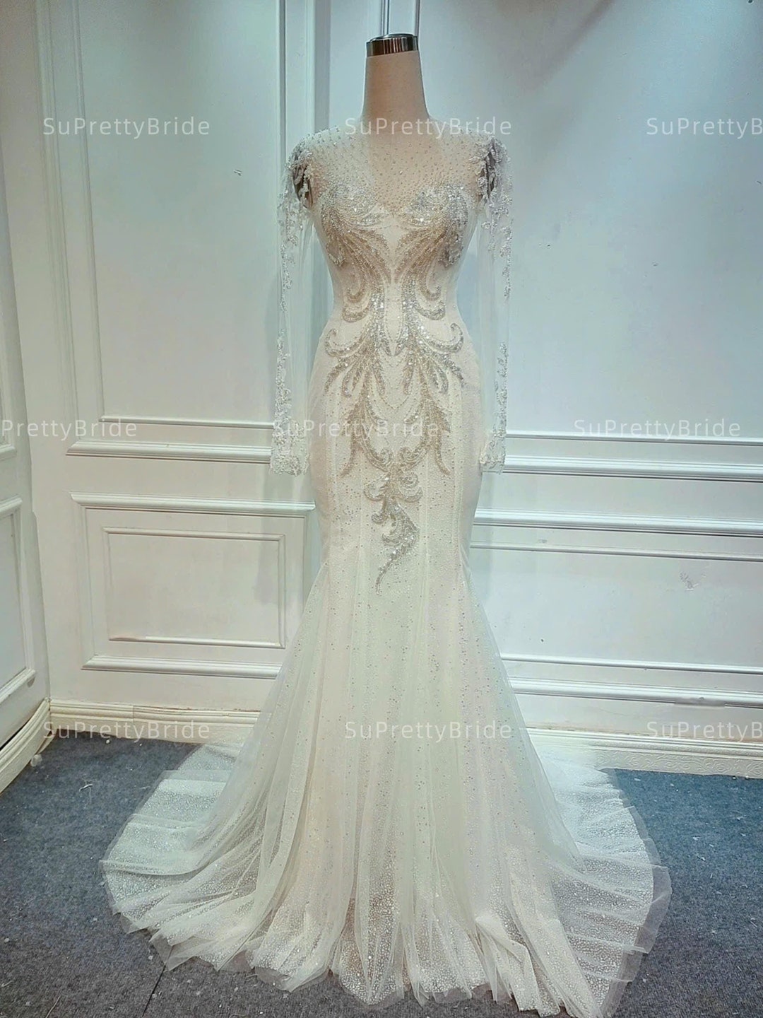 Sexy Wedding Dress Mermaid Sequin Beads Long Silver Wedding Dresses Bride Dress Bridal Gowns DP1865 main image 1