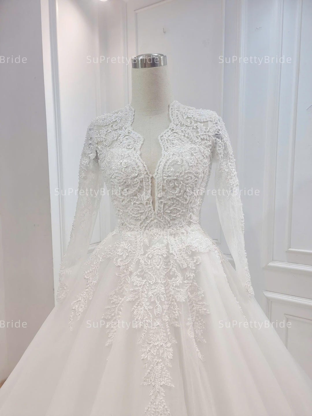 Elegant White A-Line Lace Long Sleeves Modest Wedding Dress Bridal Dress, DP5246 main image 0