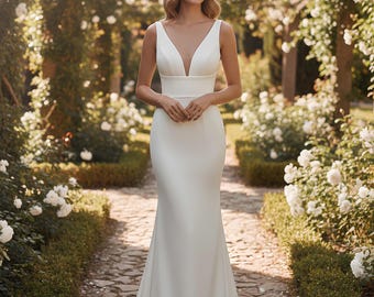 Minimalist mermaid satin wedding dress with detachable bow. Custom wedding dress according to the bride's request. Outdoor wedding dress.