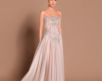 Luxury Strapless Beaded Evening Gown, Champagne Formal Dress, Crystal Embellished Corset Dress, Elegant Prom Gown, Custom Made Wedding Dress