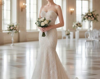 Luxurious beaded mermaid wedding dress. Sexy corset wedding dress. Custom nude wedding dress for bride.