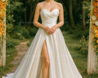 Sexy A-line wedding dress with slit. Unique pleated strapless wedding dress. Reimagined Mariana Hardwick dress. Custom wedding dress.
