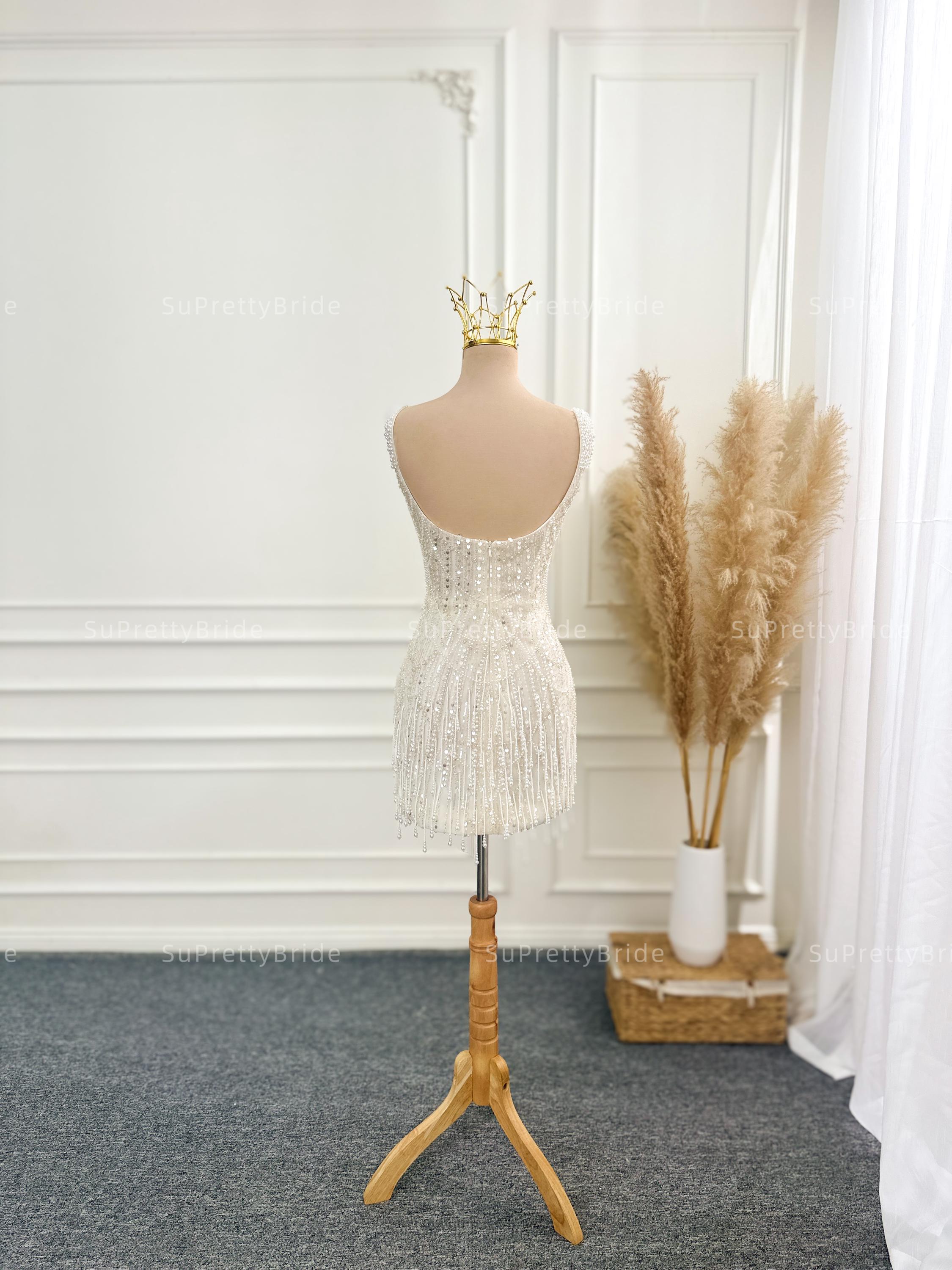 Beaded Mini Dress with Shoulder Straps. Elegant Party Mini Dress. Custom Bachelorette Mini Dress. White Short Wedding Dress.