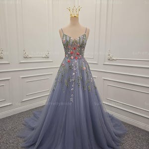 Smoky Lavender Tulle Gown With 3D Floral Embroidery, Custom Fairy Tale ...
