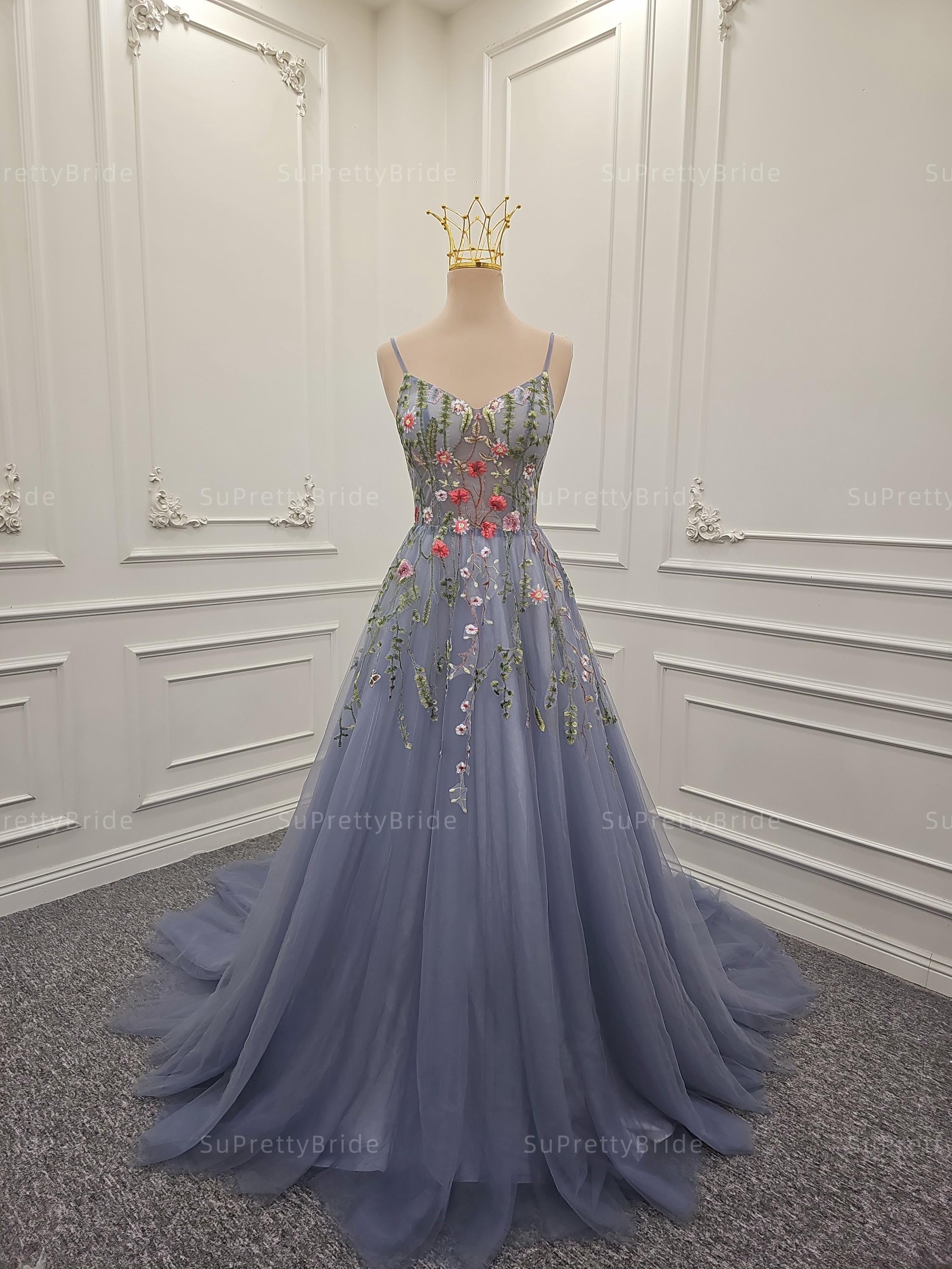 Smoky Lavender Tulle Gown With 3D Floral Embroidery, Custom Fairy Tale ...