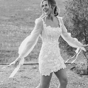 Long sleeve mini dress for reception. Elegant lace mini dress. Beautiful square neck mini dress. Custom mini dress for bride.