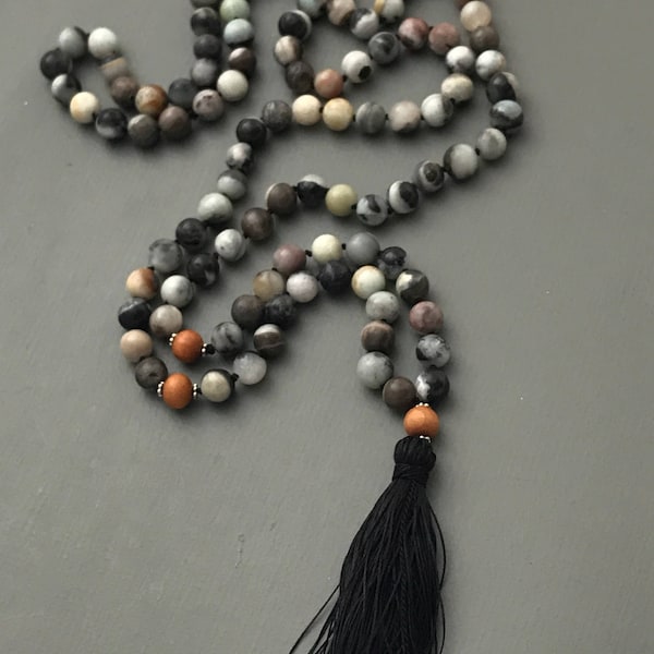 Winter amazonite mala necklace- hand knotted mala, essential oil jewelry , tassel necklace, 108 bead mala, sandalwood, EO mala